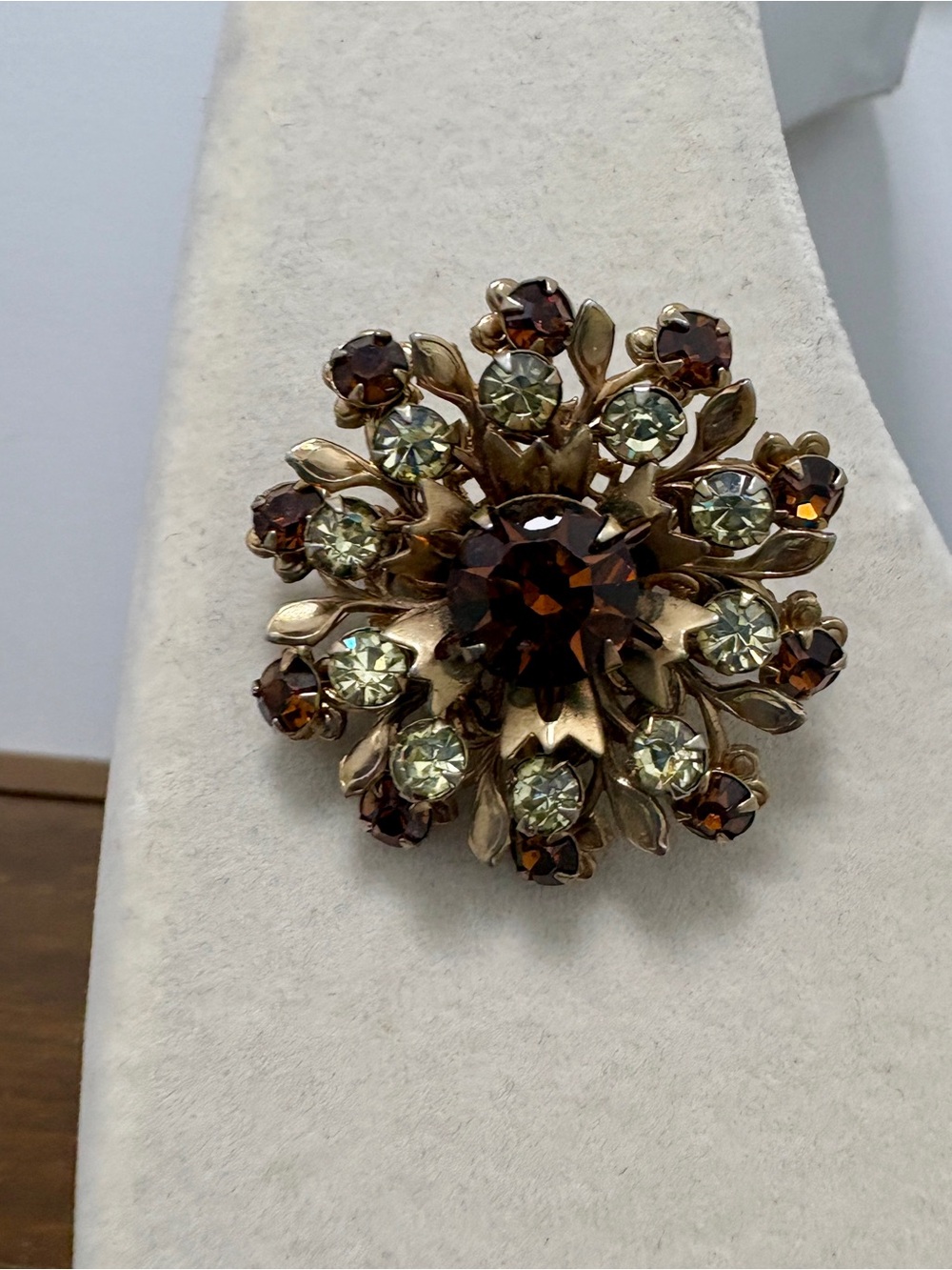 Vintage Gold Tone Prong Set Brown Rhinestones Filigree Back 1.5"